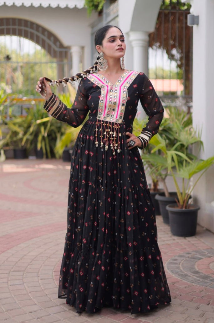 Black Pure Faux Georgette Lahariya Print with Kutchi Patchwork Navratri Lehenga Choli