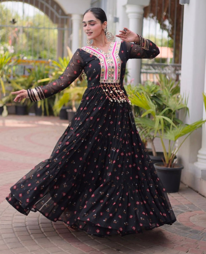 Black Pure Faux Georgette Lahariya Print with Kutchi Patchwork Navratri Lehenga Choli