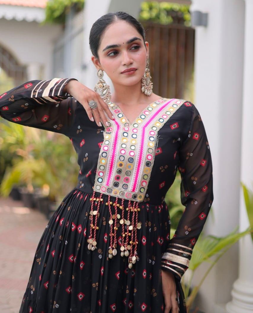Black Pure Faux Georgette Lahariya Print with Kutchi Patchwork Navratri Lehenga Choli