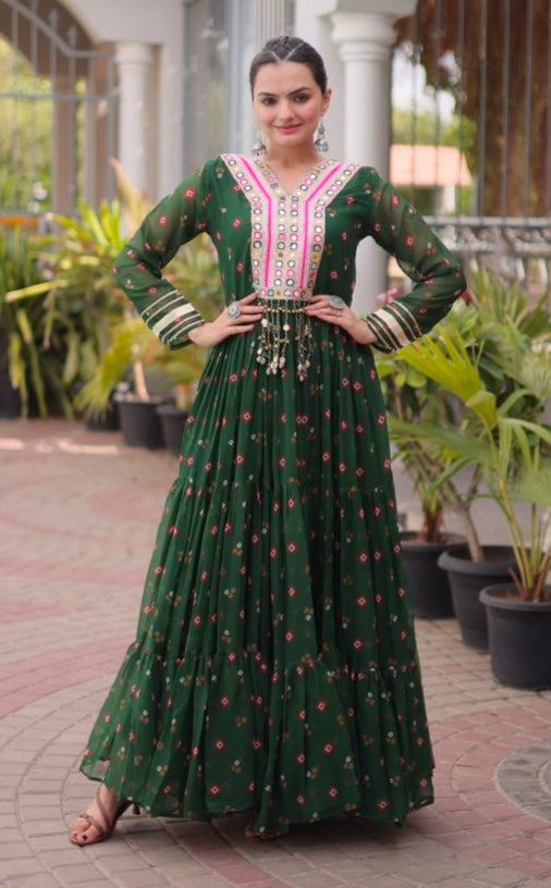 Green Pure Faux Georgette Lahariya Print with Kutchi Patchwork Navratri Lehenga Choli