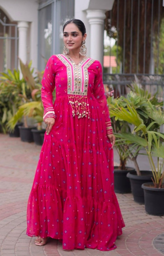 Pink Pure Faux Georgette Lahariya Print with Kutchi Patchwork Navratri Lehenga Choli