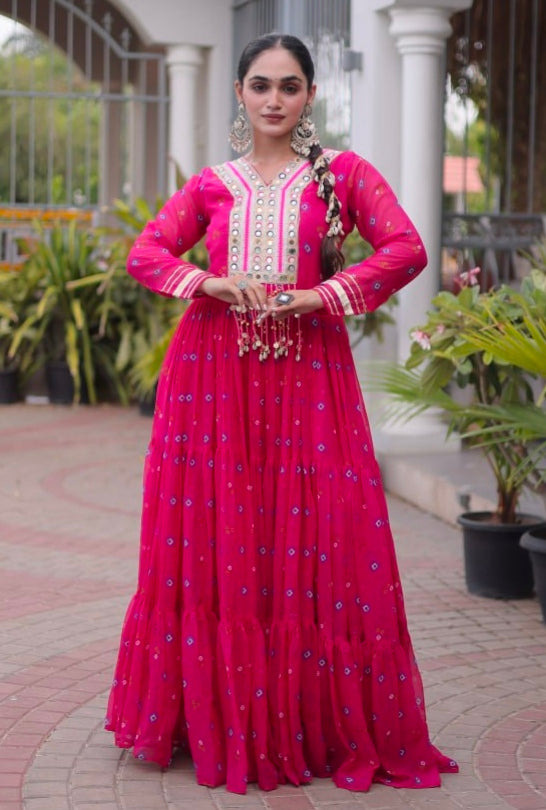 Pink Pure Faux Georgette Lahariya Print with Kutchi Patchwork Navratri Lehenga Choli