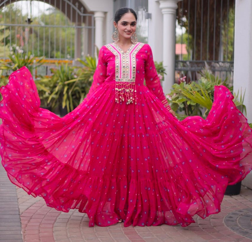 Pink Pure Faux Georgette Lahariya Print with Kutchi Patchwork Navratri Lehenga Choli