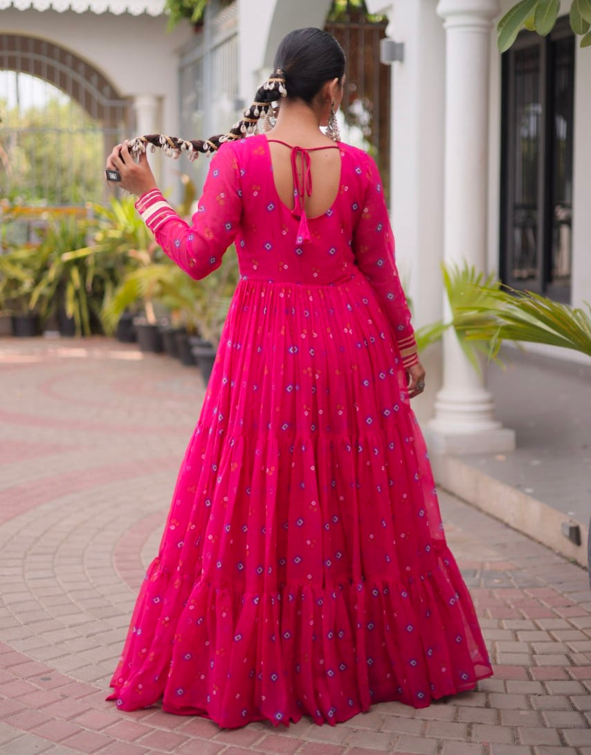 Pink Pure Faux Georgette Lahariya Print with Kutchi Patchwork Navratri Lehenga Choli