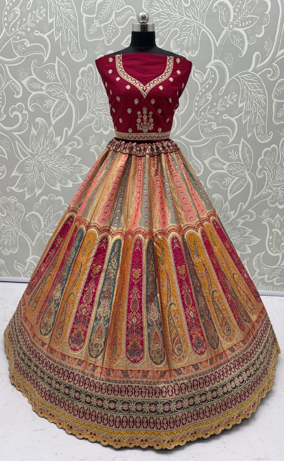 Multi Pink Pure Banarasi Silk Zari Handwork Crystal studded Thread Work Bridal Lehenga Choli
