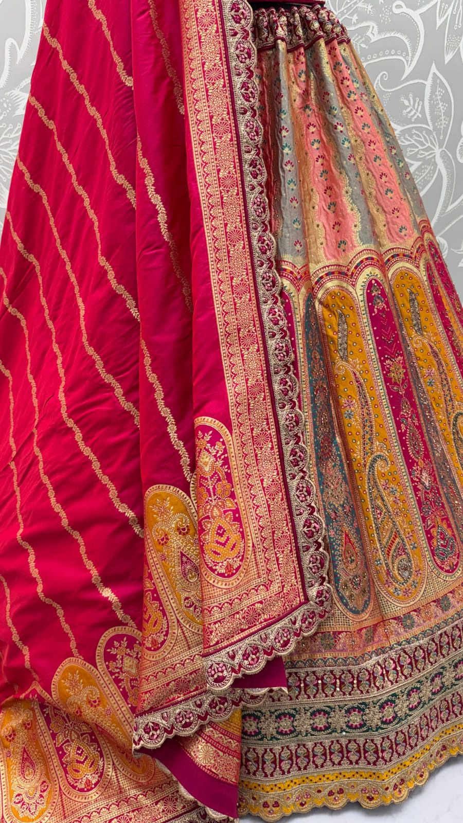 Multi Pink Pure Banarasi Silk Zari Handwork Crystal studded Thread Work Bridal Lehenga Choli