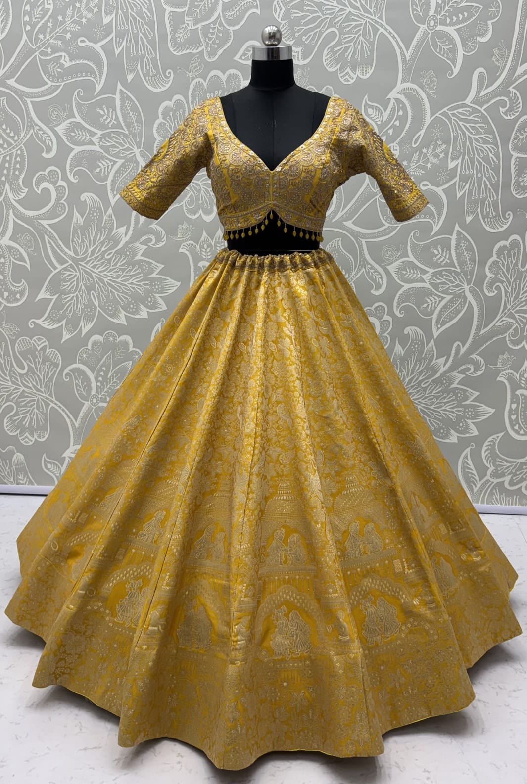 Royal Yellow Pure Banarasi Silk Zari Figure Pattern Weaving Work Bridal Lehenga Choli