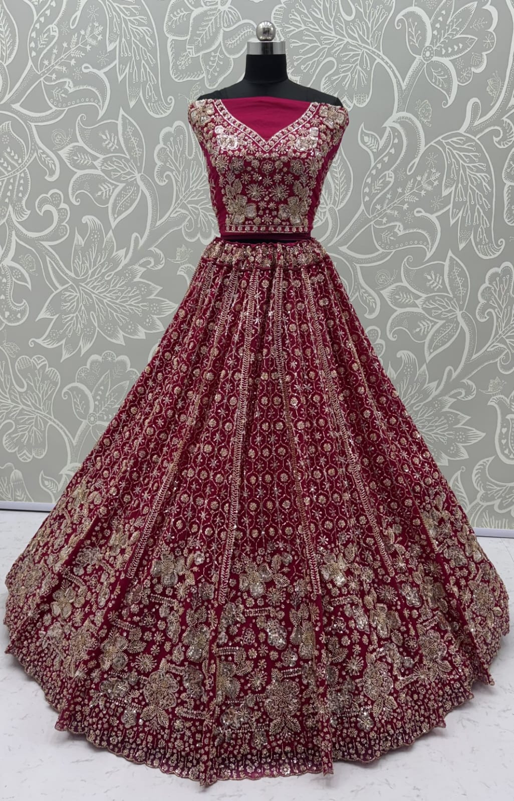 Red Pure Heavy Net Motif Sequins Zari Embroidery Work Net Bridal Lehenga Choli