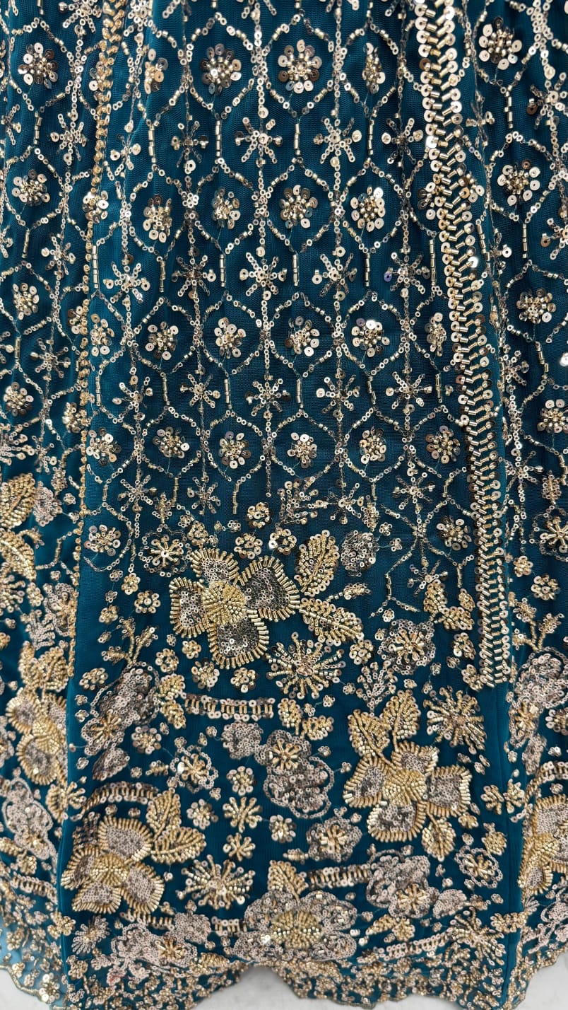 Blue Pure Heavy Net Motif Sequins Zari Embroidery Work Net Bridal Lehenga Choli