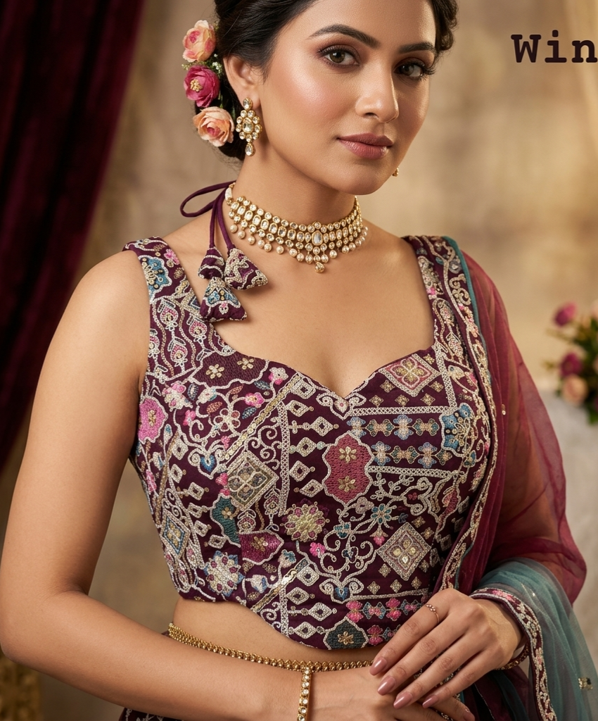Wine Pure Fox Georgette Antique Codding Sequins Wok Blouse