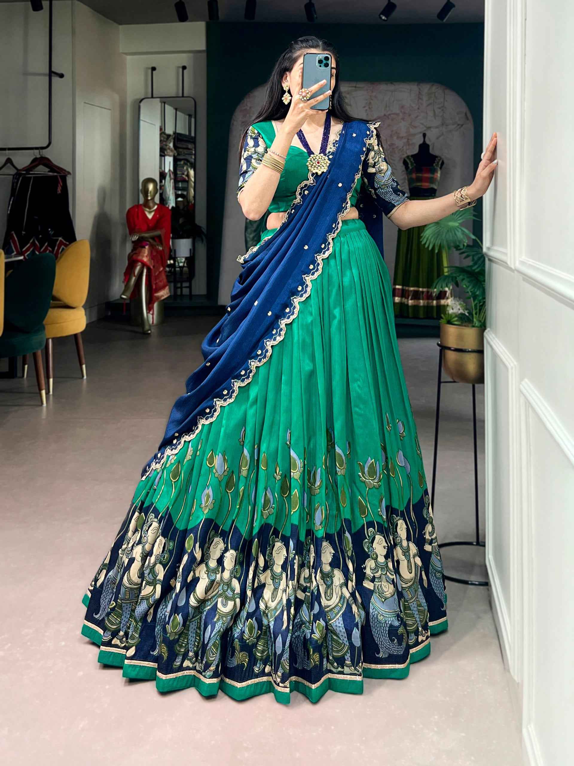 Peacock Pure Tasar Silk Kalamkari Print Navratri Lehenga Choli