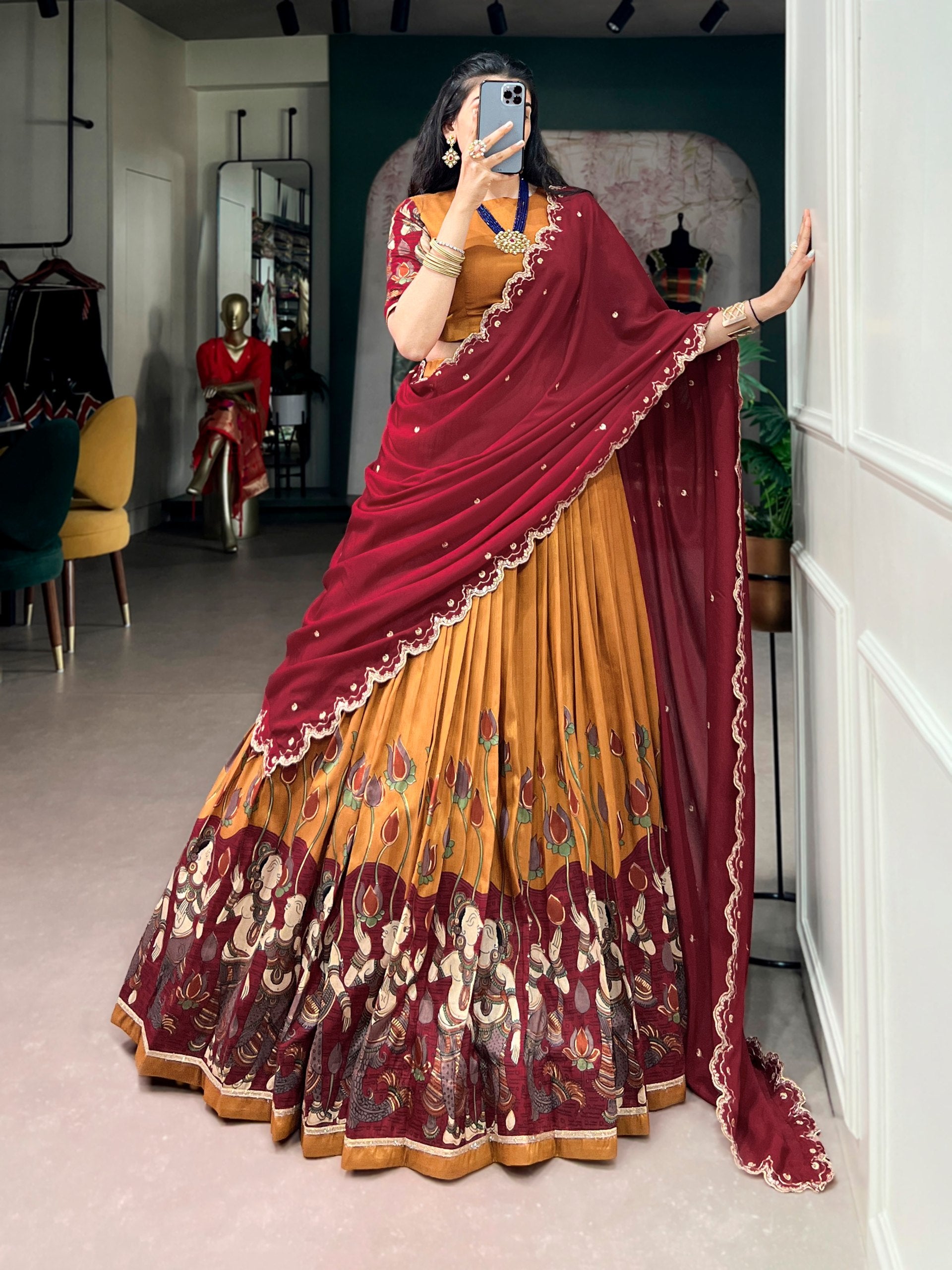 Mustard Pure Tasar Silk Kalamkari Print Navratri Lehenga Choli