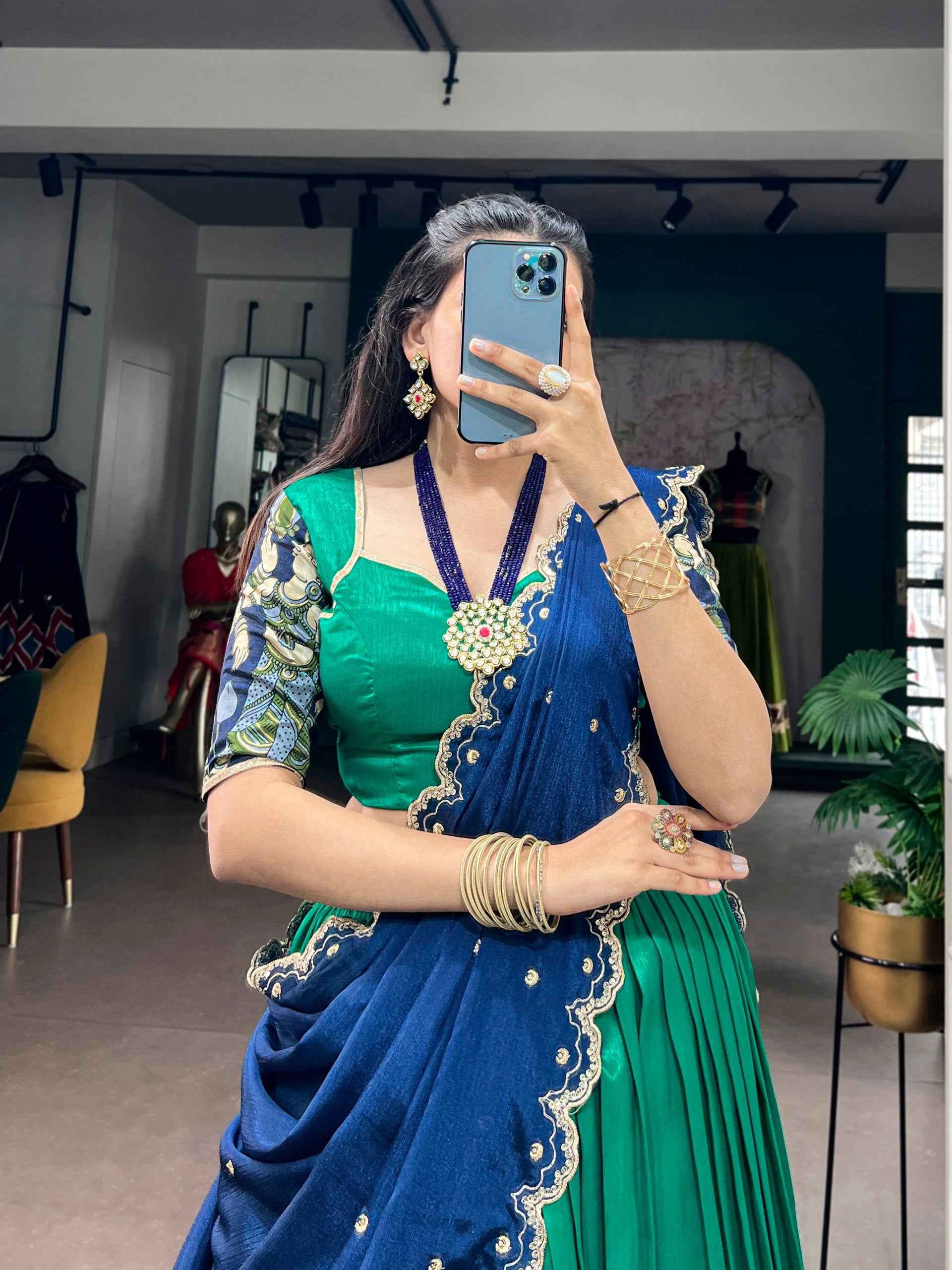 Peacock Pure Tasar Silk Kalamkari Print Navratri Lehenga Choli