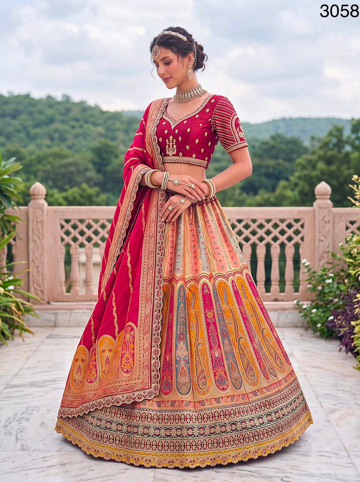 Multi Pink Pure Banarasi Silk Zari Handwork Crystal studded Thread Work Bridal Lehenga Choli