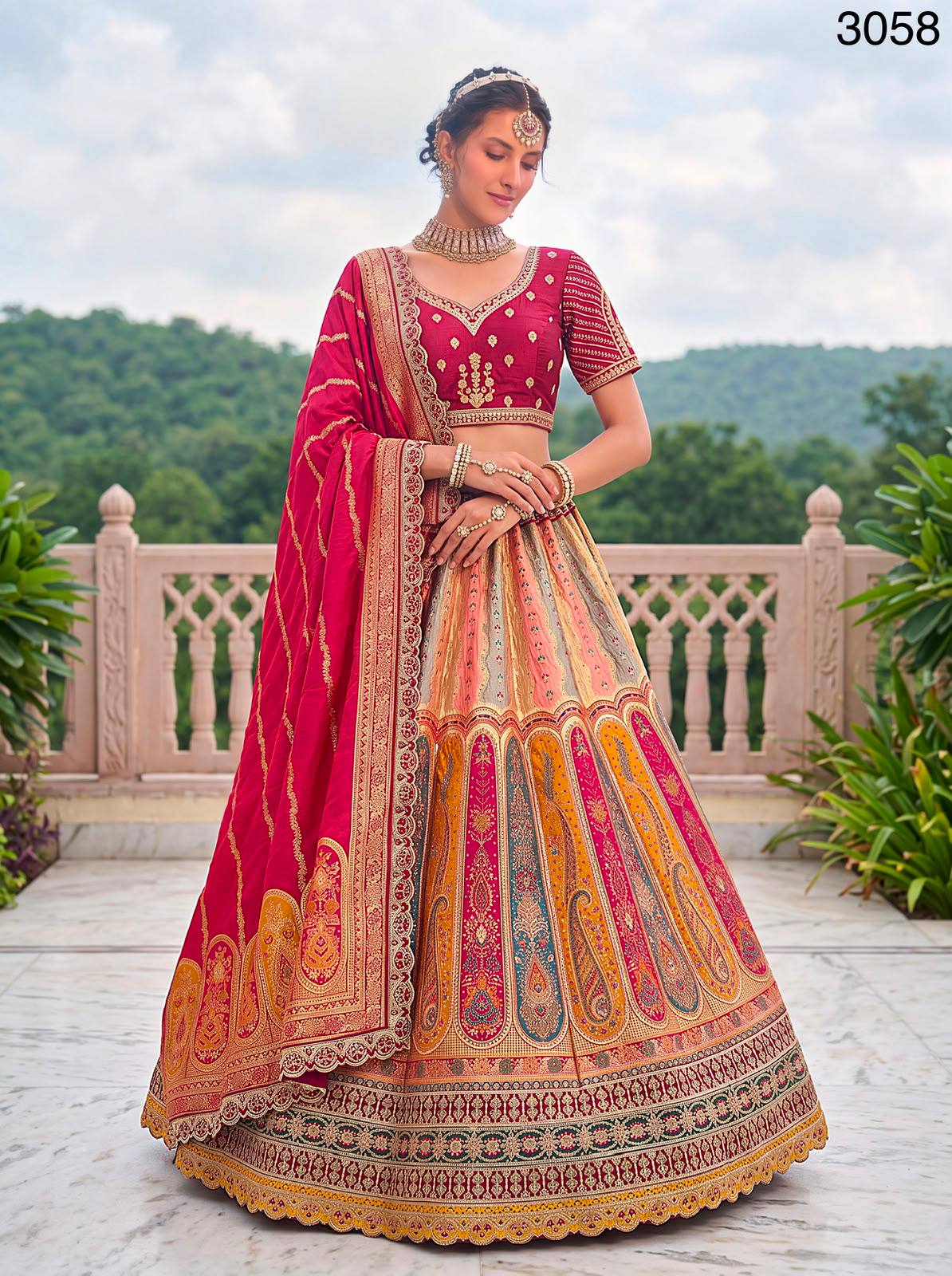 Multi Pink Pure Banarasi Silk Zari Handwork Crystal studded Thread Work Bridal Lehenga Choli