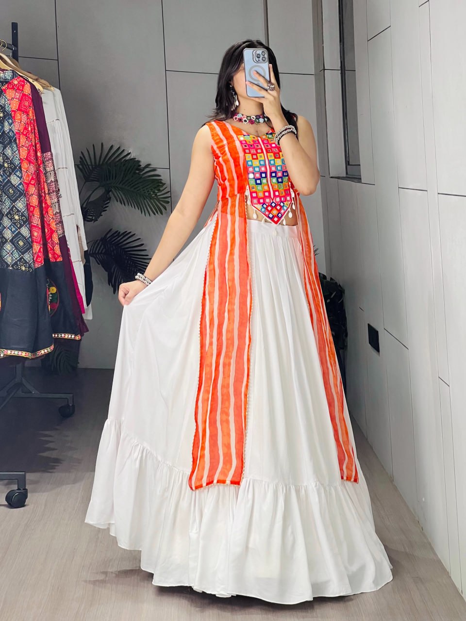 Orange Pure Pure Rayon Cotton Plain With Frill Pattern Navratri Lehenga Choli