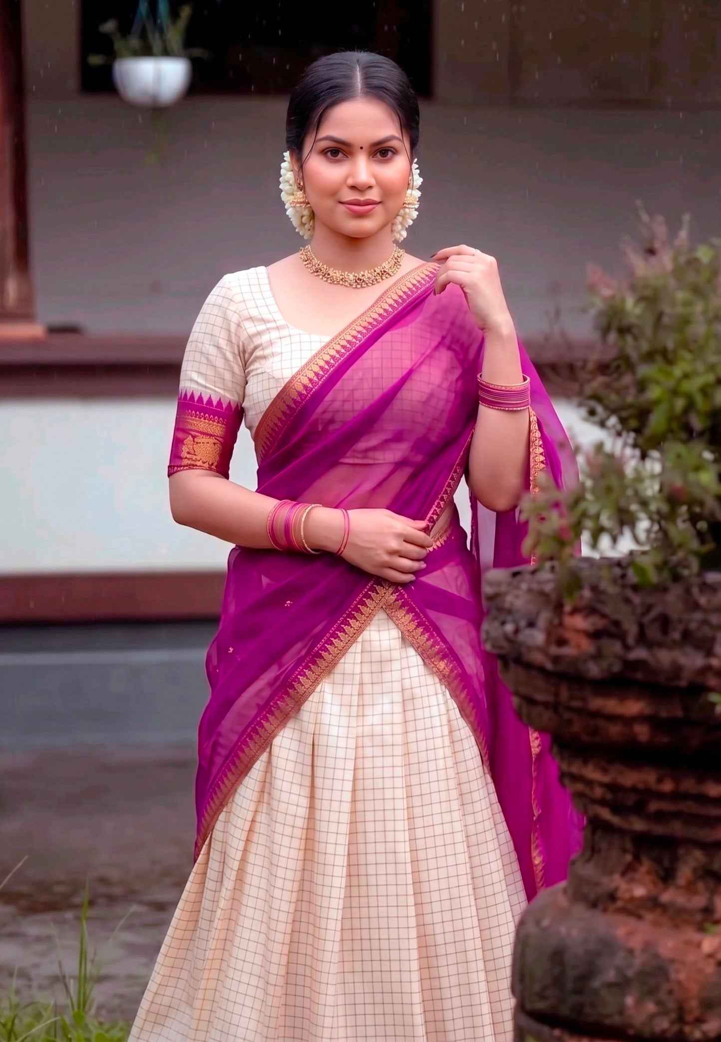 White Pure Soft Poly Cotton Chex With Zari Weaving Work Lehenga Choli