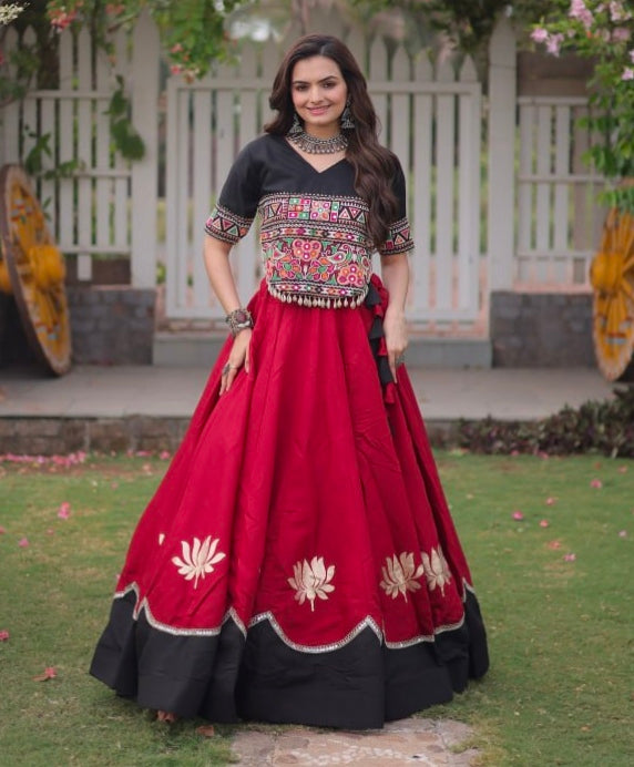 Red Pure Roman Silk With Attractive Round Gota Pattern Navratri Lehenga Choli