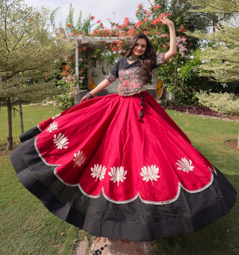Red Pure Roman Silk With Attractive Round Gota Pattern Navratri Lehenga Choli