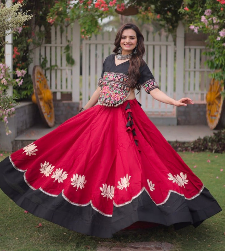 Red Pure Roman Silk With Attractive Round Gota Pattern Navratri Lehenga Choli