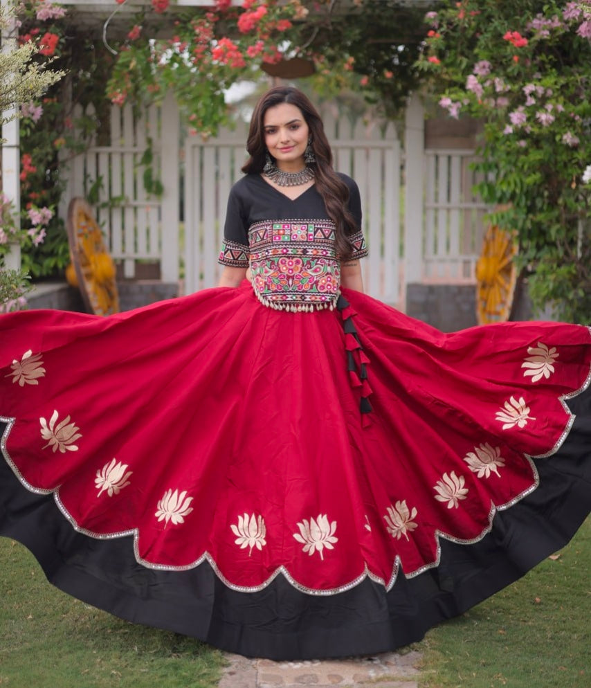 Red Pure Roman Silk With Attractive Round Gota Pattern Navratri Lehenga Choli