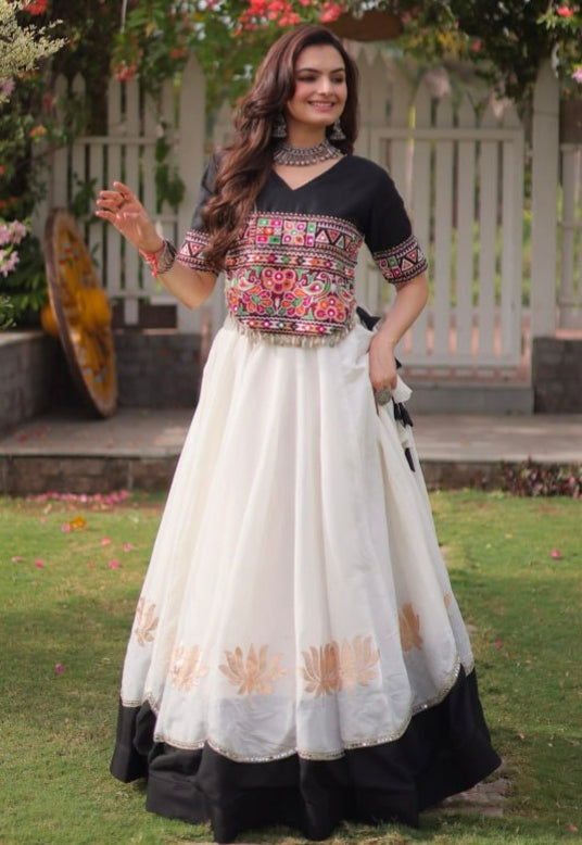 Black Pure Roman Silk With Attractive Round Gota Pattern Navratri Lehenga Choli
