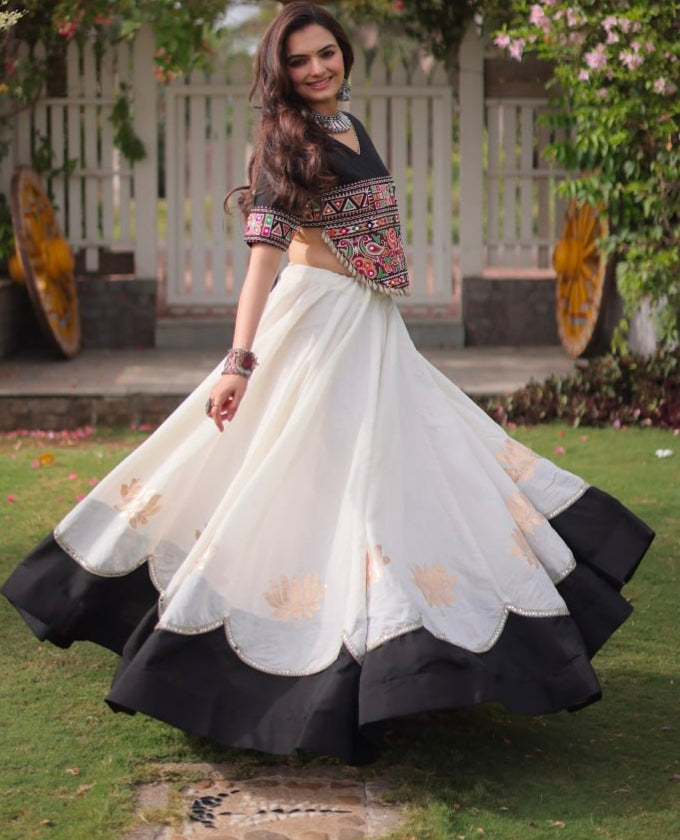 Black Pure Roman Silk With Attractive Round Gota Pattern Navratri Lehenga Choli