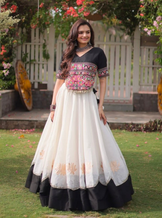 Black Pure Roman Silk With Attractive Round Gota Pattern Navratri Lehenga Choli