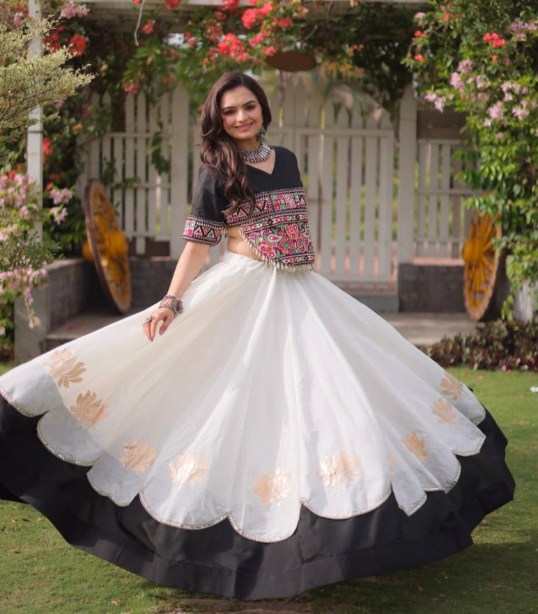 Black Pure Roman Silk With Attractive Round Gota Pattern Navratri Lehenga Choli