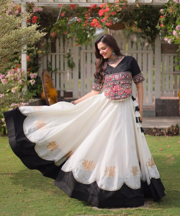 Black Pure Roman Silk With Attractive Round Gota Pattern Navratri Lehenga Choli
