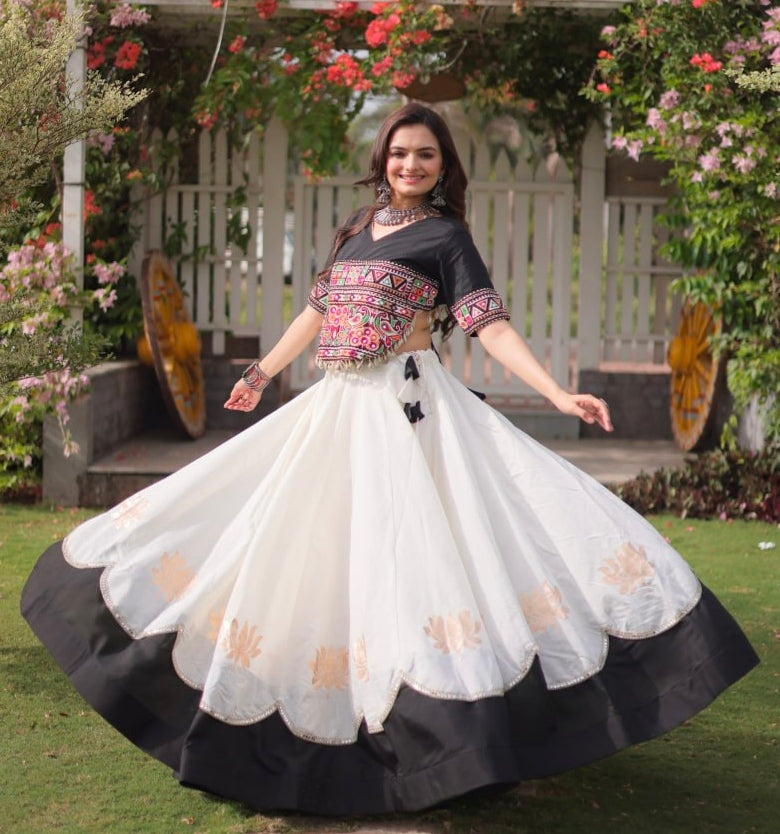 Black Pure Roman Silk With Attractive Round Gota Pattern Navratri Lehenga Choli