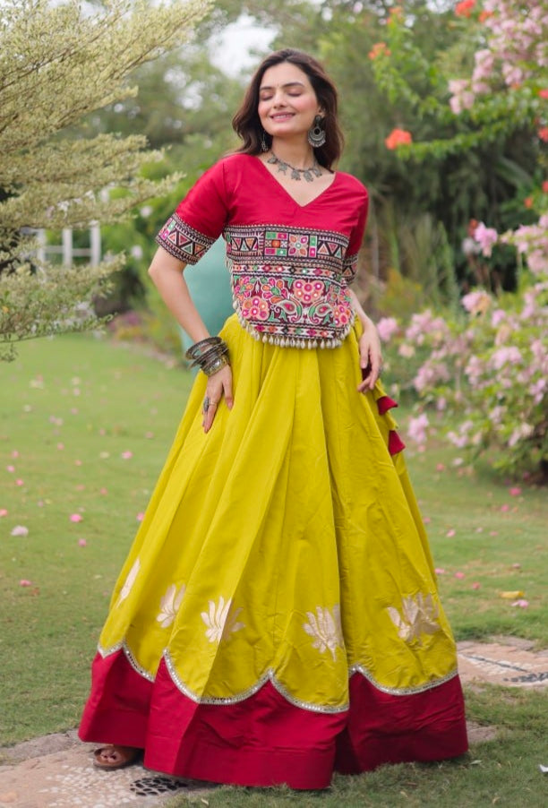 Yellow Pure Roman Silk With Attractive Round Gota Pattern Navratri Lehenga Choli
