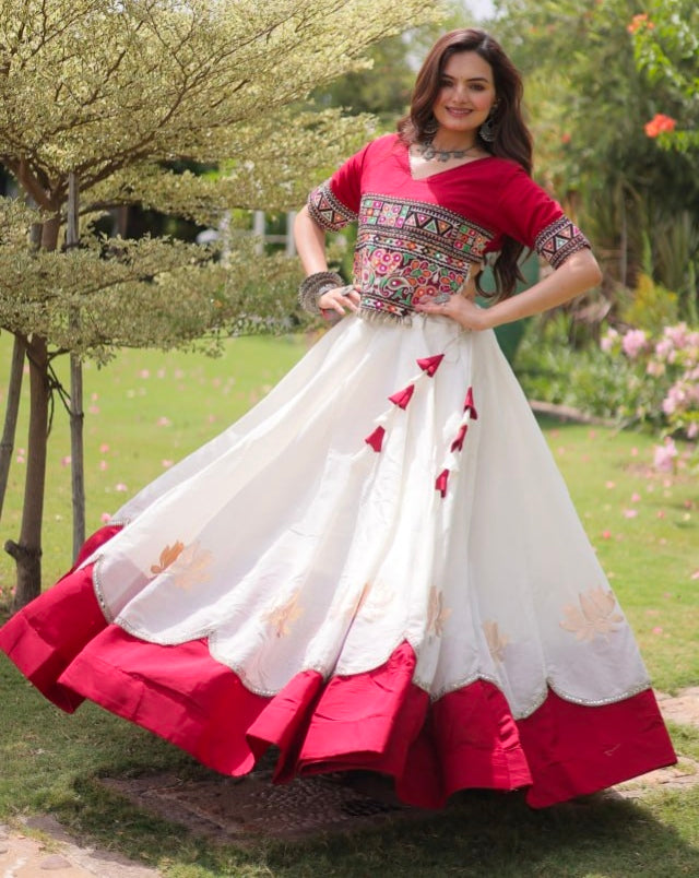 Red Pure Roman Silk With Attractive Round Gota Pattern Navratri Lehenga Choli