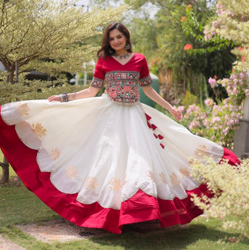 Red Pure Roman Silk With Attractive Round Gota Pattern Navratri Lehenga Choli