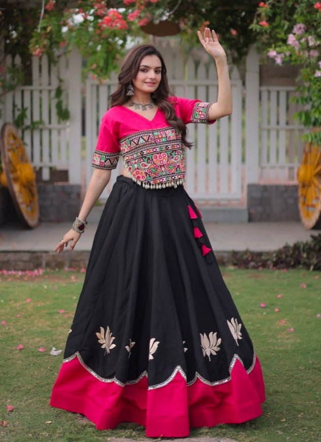 Black Pure Roman Silk With Attractive Round Gota Pattern Navratri Lehenga Choli