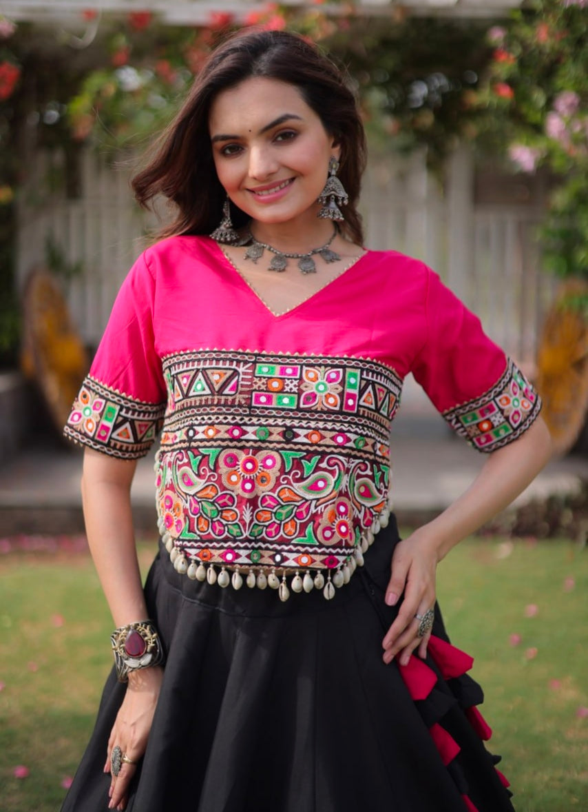 Black Pure Roman Silk With Attractive Round Gota Pattern Navratri Lehenga Choli