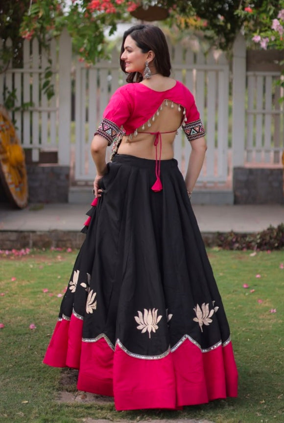 Black Pure Roman Silk With Attractive Round Gota Pattern Navratri Lehenga Choli