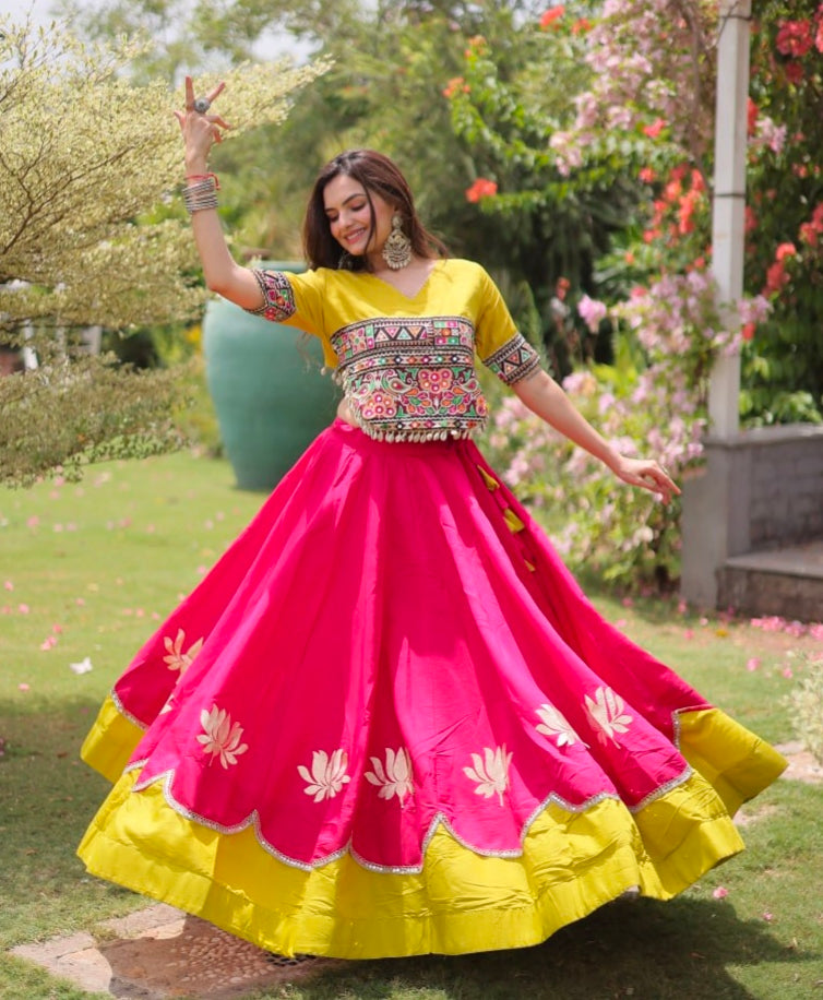 Pink Pure Roman Silk With Attractive Round Gota Pattern Navratri Lehenga Choli
