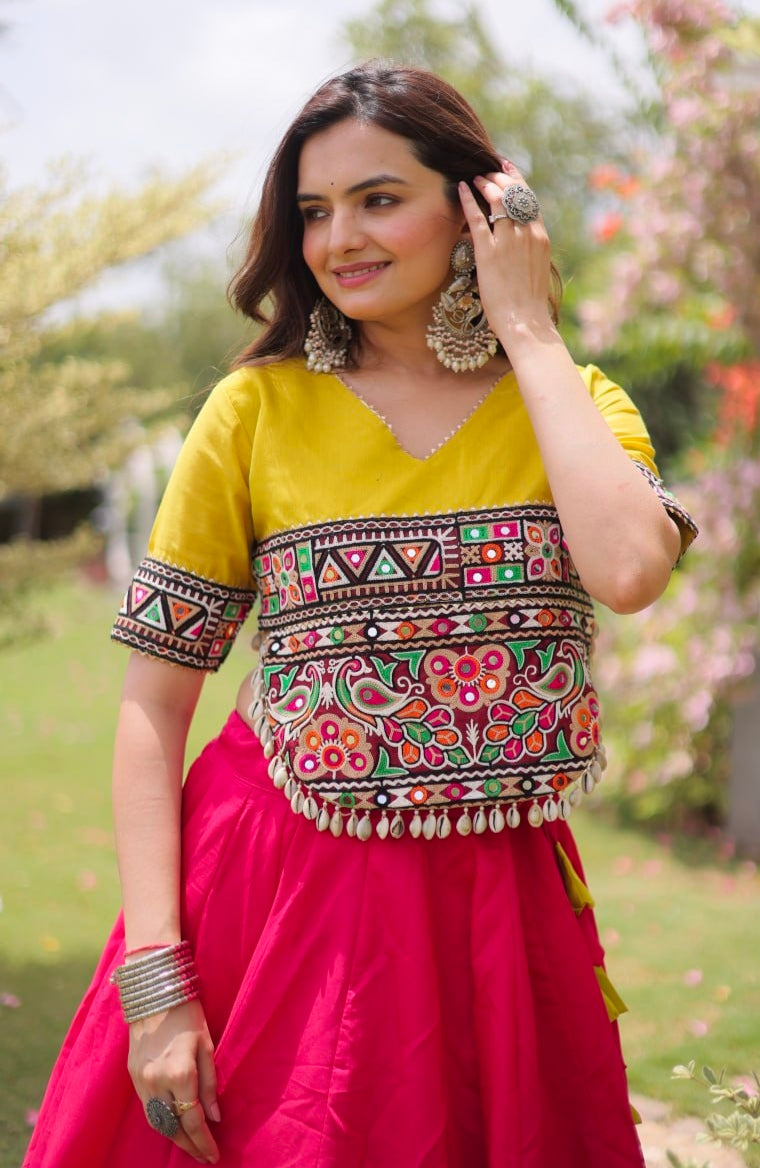Pink Pure Roman Silk With Attractive Round Gota Pattern Navratri Lehenga Choli