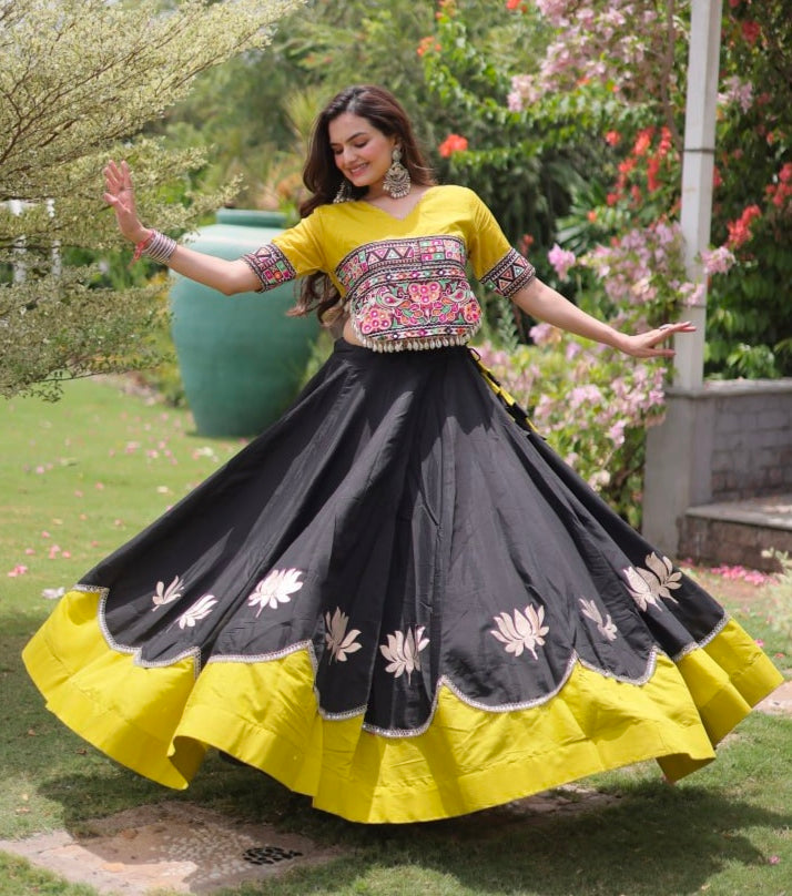 Black Pure Roman Silk With Attractive Round Gota Pattern Navratri Lehenga Choli