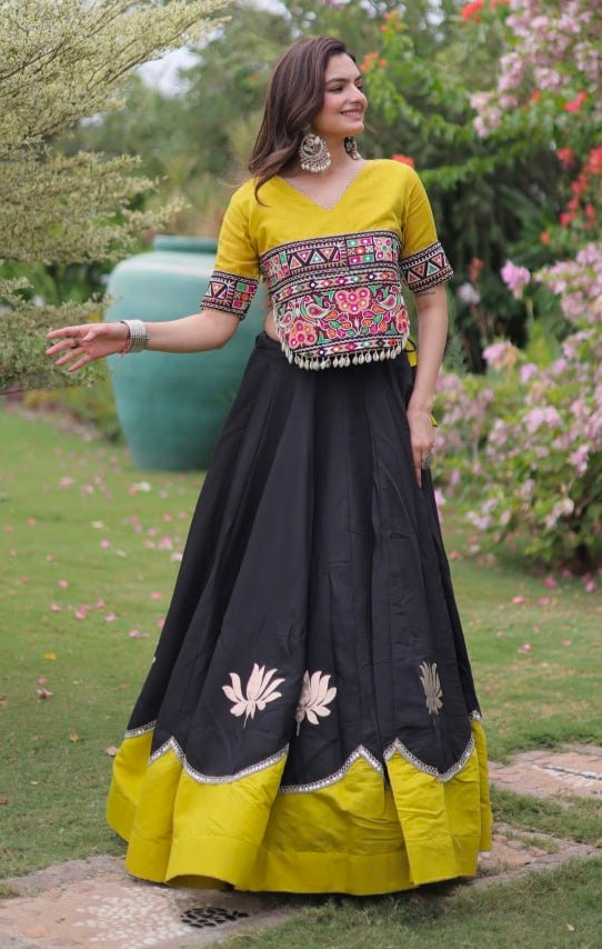 Black Pure Roman Silk With Attractive Round Gota Pattern Navratri Lehenga Choli