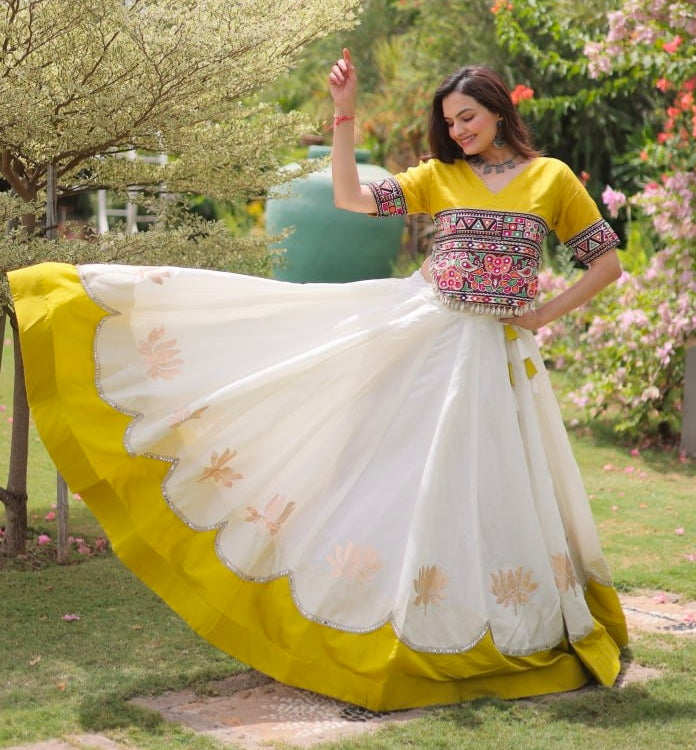 Yellow Pure Roman Silk With Attractive Round Gota Pattern Navratri Lehenga Choli