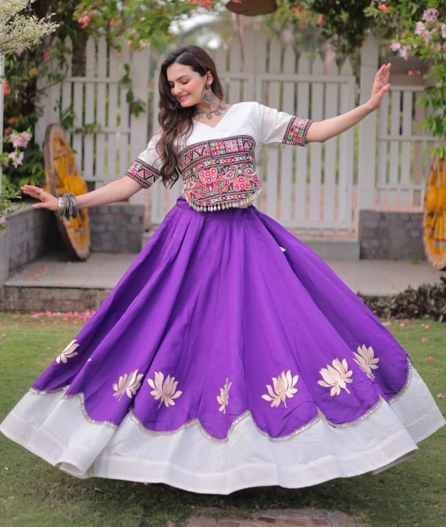 Purple Pure Roman Silk With Attractive Round Gota Pattern Navratri Lehenga Choli