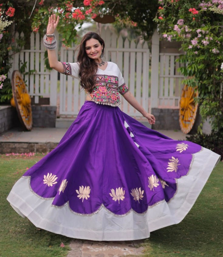 Purple Pure Roman Silk With Attractive Round Gota Pattern Navratri Lehenga Choli