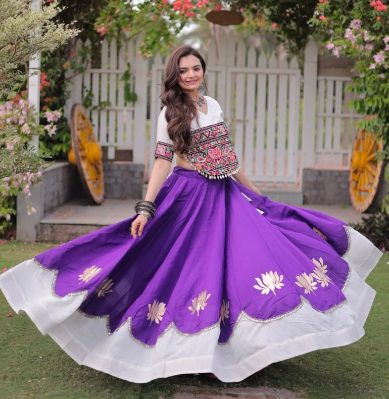 Purple Pure Roman Silk With Attractive Round Gota Pattern Navratri Lehenga Choli