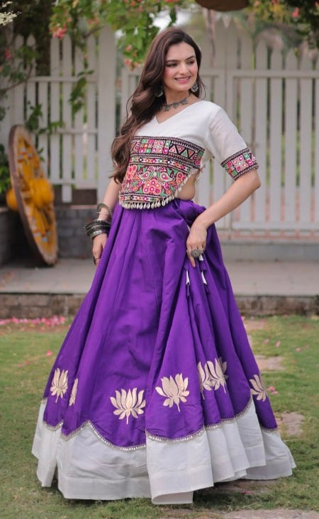 Purple Pure Roman Silk With Attractive Round Gota Pattern Navratri Lehenga Choli