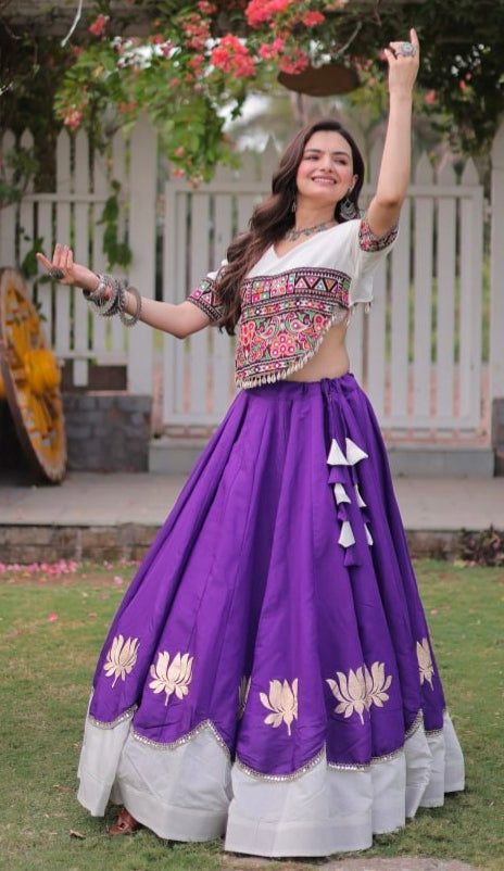 Purple Pure Roman Silk With Attractive Round Gota Pattern Navratri Lehenga Choli