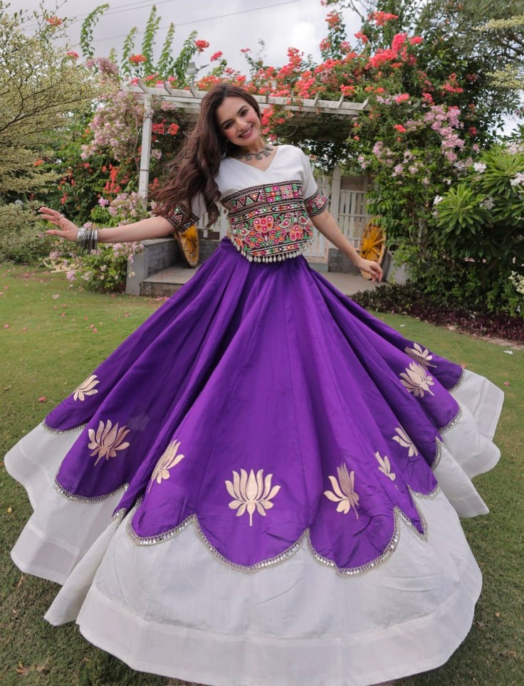 Purple Pure Roman Silk With Attractive Round Gota Pattern Navratri Lehenga Choli