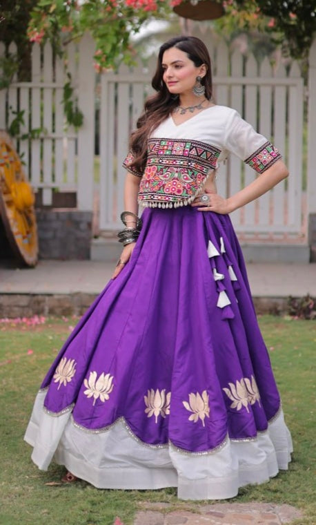 Purple Pure Roman Silk With Attractive Round Gota Pattern Navratri Lehenga Choli