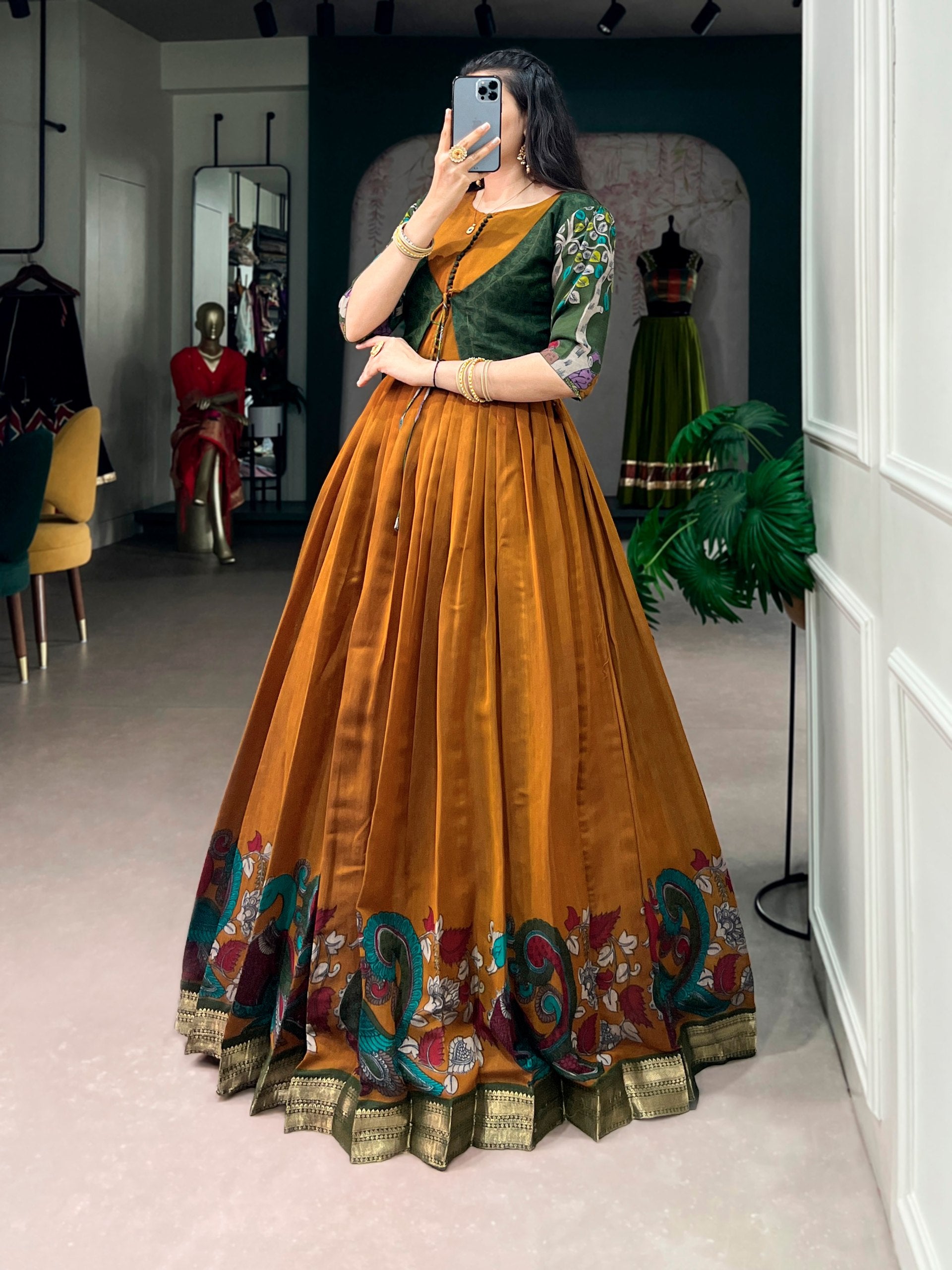Mustard Pure Polyester Viscose Chanderi Cotton Kalamkari Printed Anarkali Long Gown